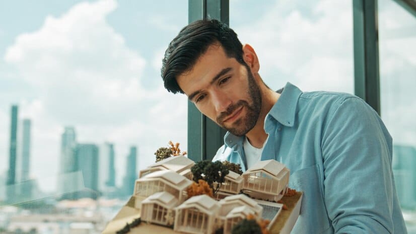 businessman holding house model while checking house construction tracery 31965 284978