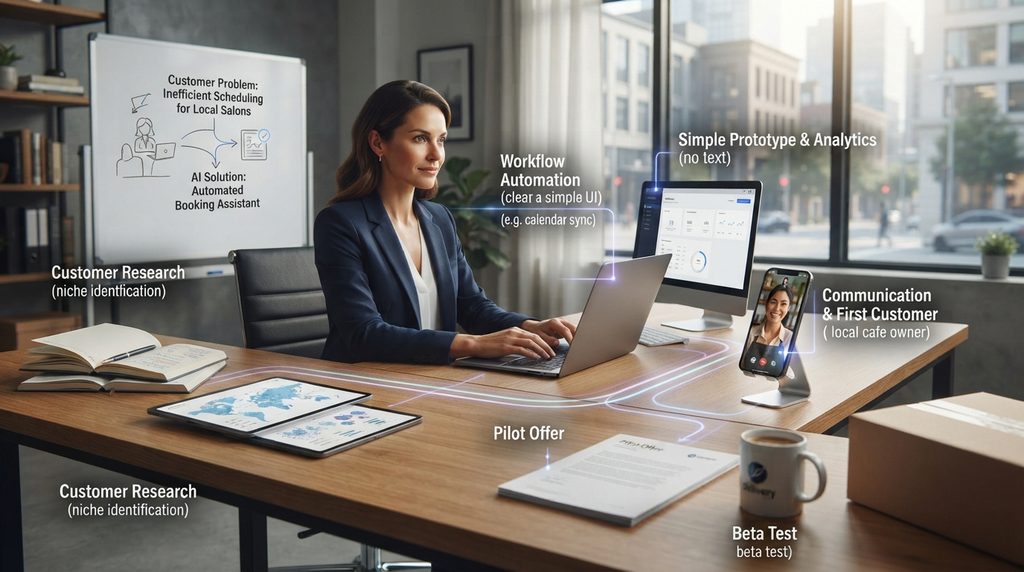 Founder validating a niche AI micro-SaaS, from customer research and prototype to pilot offer and beta test