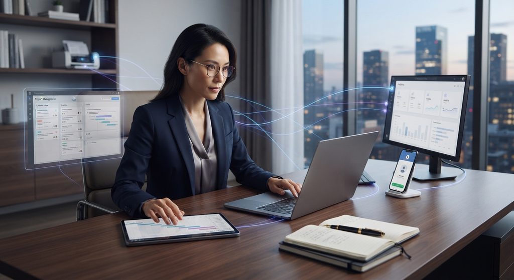 Content strategist reviewing AI-assisted SEO and content performance dashboards