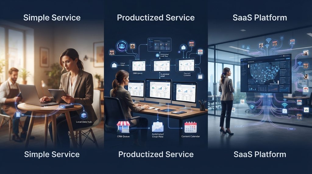 Three AI business models compared: a simple service, a productized service and a SaaS platform