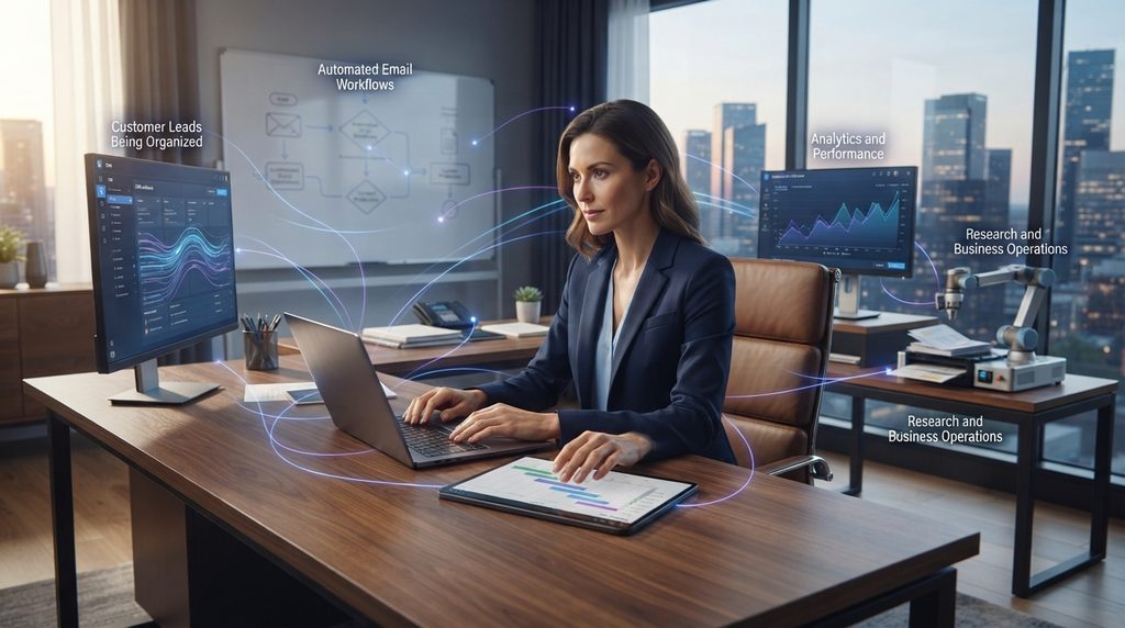 Entrepreneur running AI-powered email, lead and analytics workflows from one desk setup