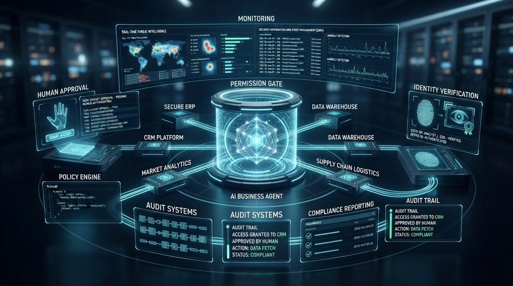 AI business agent connected to CRM and ERP systems with human approval, policy and audit controls