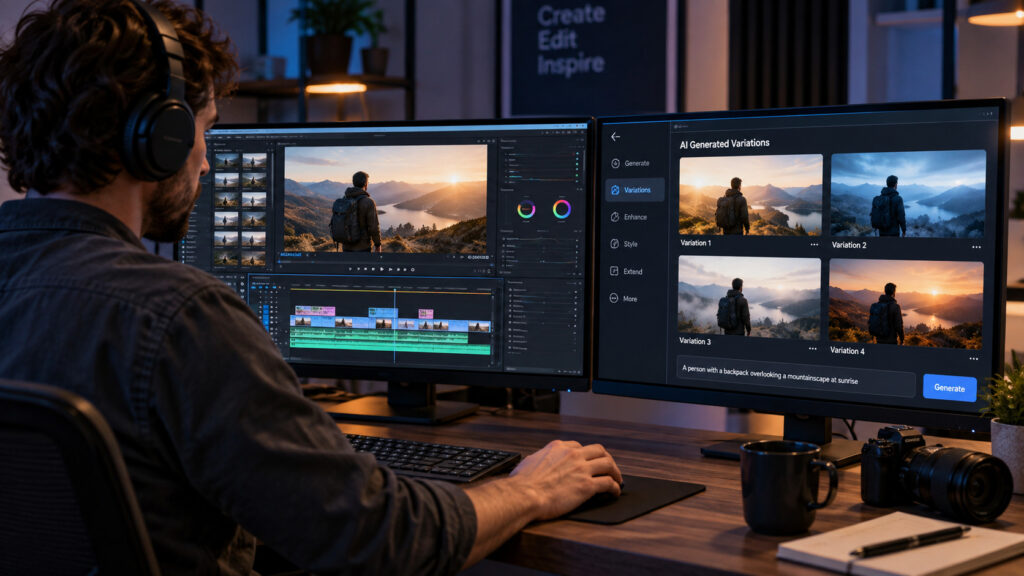 Future of AI and Jobs: The Shocking Transformation of Work by 2030 6 A video editor assembling clips at a studio desk while a side panel shows several AI-generated versions of the same shot