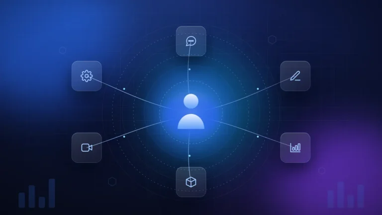 Entrepreneur at the centre of an AI business ecosystem covering automation, agents, content, video, software and analytics