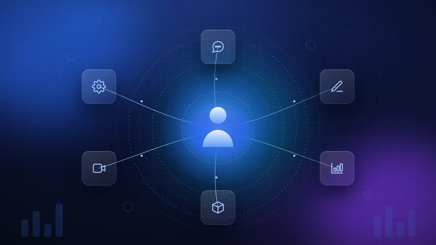Entrepreneur at the centre of an AI business ecosystem covering automation, agents, content, video, software and analytics