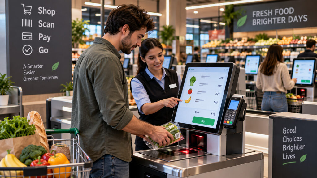 Future of AI and Jobs: The Shocking Transformation of Work by 2030 4 A supermarket self-checkout row with several terminals, one shopper scanning items and a single staff member assisting