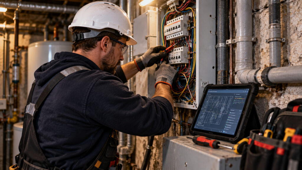 Future of AI and Jobs: The Shocking Transformation of Work by 2030 9 An electrician working on older wiring in a confined utility space with a diagnostic tablet resting nearby
