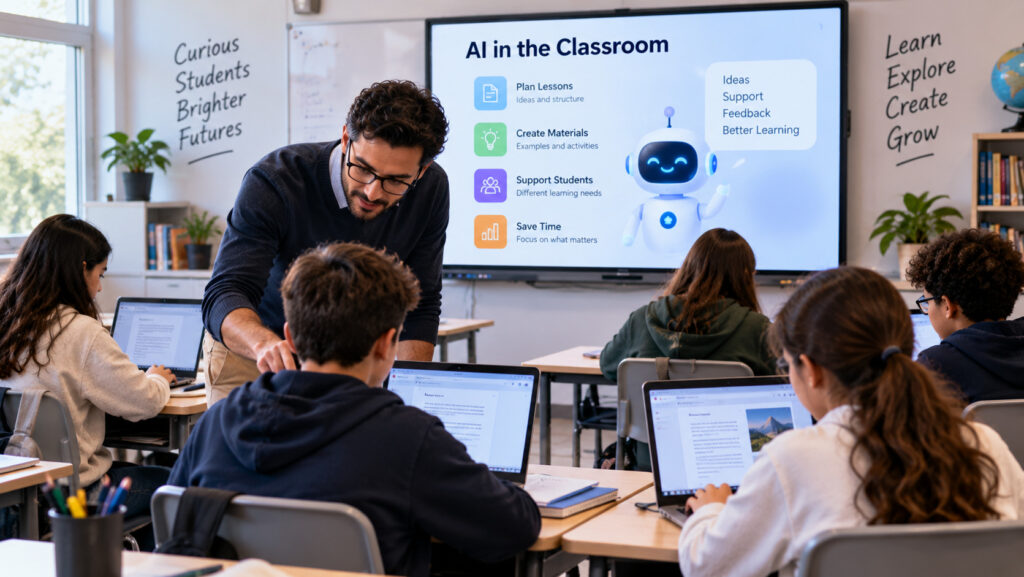 Future of AI and Jobs: The Shocking Transformation of Work by 2030 8 A teacher moving between desks in a classroom while students work on laptops and a slide about using AI in teaching is displayed at the front.