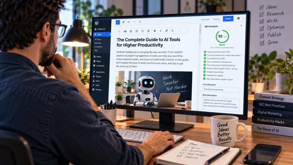A writer reviewing an article draft alongside an on-page SEO analysis panel showing status indicators and a score